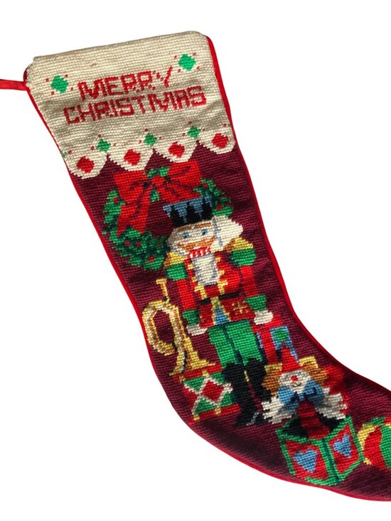 Vintage Merry Christmas Needlepoint Stocking Nutcracker Design  21 inch Classic - Picture 1 of 7